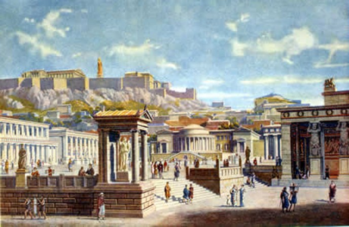An artist's rendition of the public sphere in Greek antiquity.http://2.bp.blogspot.com/-C35B-Cu49ng/Tnc5Qe0tmnI/AAAAAAAAM1I/tm5AbohPocs/s1600/10056152aAthensAgora+copy.jpg