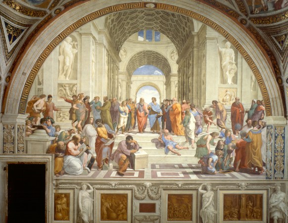Raphael's famous fresco Scuola di Atene (School of Athens). Some of the earliest contributors to the philosophical tradition - including Plato and aristotle - are depicted. http://upload.wikimedia.org/wikipedia/commons/9/94/Sanzio_01.jpg